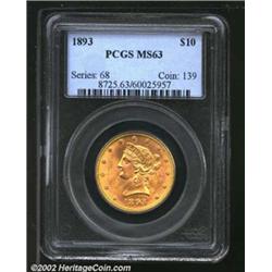 1893 $10 MS63 PCGS. Elusive any finer, this is an attractive example of this desirable P-mint Eagle.