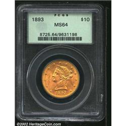 1893 $10 MS64 PCGS. Fully struck with excellent luster characteristics, held back by a few contact m