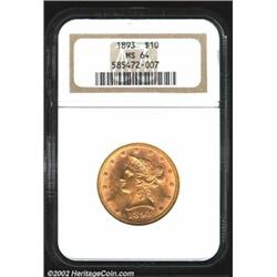 1893 $10 MS64 NGC. Well struck and lustrous with a clean portrait. The reverse has a few streaks of.