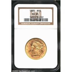 1893 $10 MS65 NGC. Superb, flashy mint luster characterizes this Gem 1893. Well struck overall with.