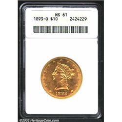 1893-O $10 MS61 ANACS. A moderately abraded example with extensive luster. The lower stars are softl