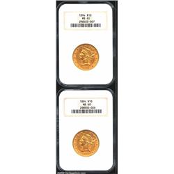 1894 $10 MS60 NGC, two examples, both nicely struck with extensive luster and a few notable abrasion
