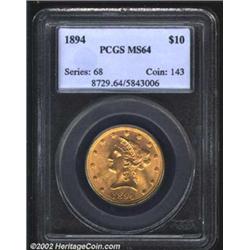 1894 $10 MS64 PCGS. Vibrant pinkish-gold surfaces that are sharply defined, particularly in the cent