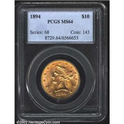 1894 $10 MS64 PCGS. Lovely orange surfaces alternating with deeper golden hues. A couple of faint lu