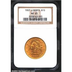1907 $10 MS63 NGC. A well struck Eagle that has immaculate surfaces, but the luster lacks the intens
