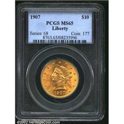 1907 $10 MS65 PCGS. A lustrous Gem with immaculate surfaces and a razor-sharp strike. Although justl