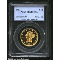 1901 $10 PR64 Deep Cameo PCGS. Faint repunching is seen on the bases of the 1 and 9 in the date--a d