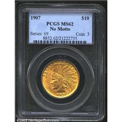 1907 $10 No Motto MS62 PCGS. Above average strike, but the satiny surfaces don't have enough flash t