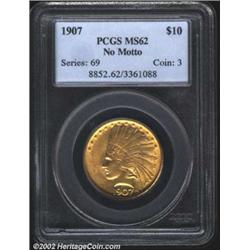 1907 $10 No Motto MS62 PCGS. An even dark golden example of this first year issue. The strike is sli