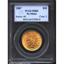 1907 $10 No Motto MS64 PCGS. A splendid near-Gem that has rich yellow-green fields and pumpkin-orang