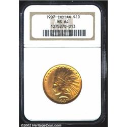 1907 $10 No Motto MS64 NGC. Bright lemon-gold in color. A flashy near-Gem with completely unblemishe