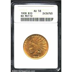 1908 $10 No Motto AU58 ANACS. Much of the original mint luster remains over the bright surfaces. Imp