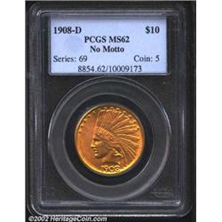 1908-D $10 No Motto MS62 PCGS. A conditionally scarce and underappreciated second year issue. The li