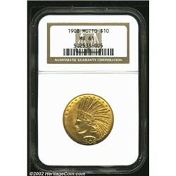 1908 $10 Motto MS61 NGC, two examples, both are richly colored in either reddish-gold or olive-gold.