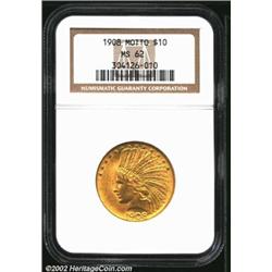 1908 $10 Motto MS62 NGC. A solidly detailed example that has extensive luster and only a few small c
