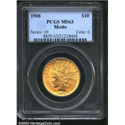 1908 $10 Motto MS63 PCGS. Satiny luster with a rich, red-gold color. We note only one milling mark n