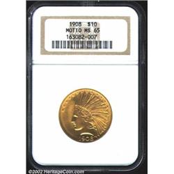 1908 $10 Motto MS65 NGC. Second year of issue for Saint-Gaudens' Ten Dollar design and the first yea