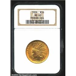 1909 $10 MS63 NGC. Well defined, the fine-grain surfaces have a pleasing satin-like texture and show