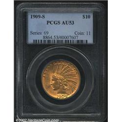1909-S $10 AU53 PCGS. Luster is abundant despite hints of rub in the field and on the portrait. The.