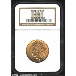 1909-S $10 MS62 NGC. Both sides of this scarcer Indian ten are draped in lightest orange patina. Whi