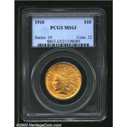 1910 $10 MS63 PCGS. A high-end example, sharply struck with and a pronounced granularity to the surf
