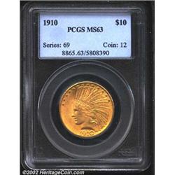 1910 $10 MS63 PCGS. An original, satiny example, with splashes of delicate orange and green patina o