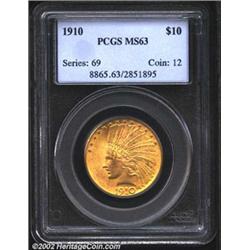1910 $10 MS63 PCGS. Satiny luster and a sharp strike combine with bright honey-gold patina (with a h