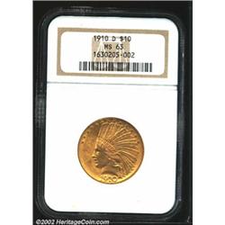 1910-D $10 MS63 NGC. Both sides are uncommonly well-struck for an Indian Eagle. The surfaces are sat