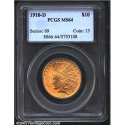 1910-D $10 MS64 PCGS. Superb luster and bright, variegated rose and lilac toning characterize this a