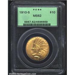1910-S $10 MS62 PCGS. Thick mint frost characterizes this attractive coin and each side has a reddis