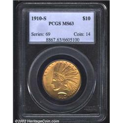 1910-S $10 MS63 PCGS. A moderately struck coin, lustrous, and only lightly abraded. Light olive toni