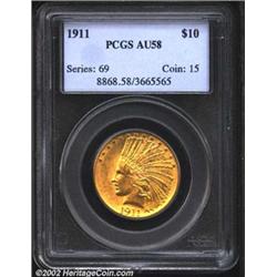 1911 $10 AU58 PCGS. Very close to Uncirculated, with rich luster that is reduced but unbroken in the