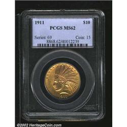 1911 $10 MS62 PCGS. This is a most suitable coin for Mint State type purposes. Orange-gold surfaces,