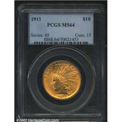1911 $10 MS64 PCGS. The bright, soft mint frost rolls around each side virtually uninterrupted by ab