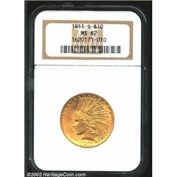 1911-S $10 MS62 NGC. Granular surfaces with mild satiny luster characterize this scarce S-mint. Seld
