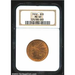 1912 $10 MS63 NGC. The satiny, minimally marked surfaces have some claim to a higher grade. Both sid