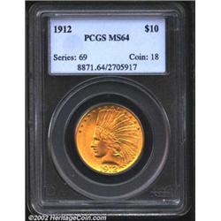 1912 $10 MS64 PCGS. Smooth and satiny, with tinges of blue highlights in the orange gold coloration.