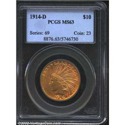 1914-D $10 MS63 PCGS. Shimmering orange toning, absolutely illuminated by the underlying luster, hel