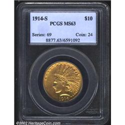 1914-S $10 MS63 PCGS. While not the rarest S-mint Indian Eagle, the 1914-S is still an important iss
