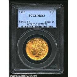 1915 $10 MS63 PCGS. Satiny, lustrous surfaces, with a few small cheek marks the only distraction. Th