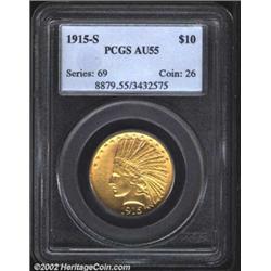 1915-S $10 AU55 PCGS. Lustrous for the grade, with very little rub and definitely pleasing surfaces.