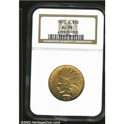 1915-S $10 AU58 NGC. A near-Mint example of this scarce issue, this piece is sharply defined on each