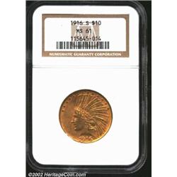 1916-S $10 MS61 NGC. Deep reddish patina surrounds the devices and each side is peppered with numero