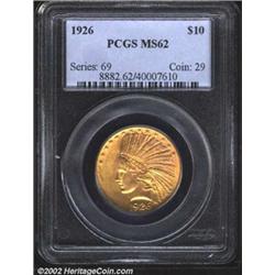 1926 $10 MS62 PCGS. Intermingled peach and yellow-green color. Well struck and lustrous with lightly