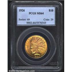 1926 $10 MS64 PCGS. This minimally abraded near-Gem possesses thick, frosty luster. Powerfully struc