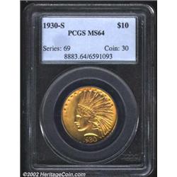 1930-S $10 MS64 PCGS. Surprisingly, the 1930-S is only of median rarity among Indian Eagles at the S