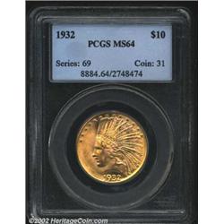 1932 $10 MS64 PCGS. A highly lustrous near-Gem that has a very good strike and relentlessly unabrade