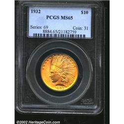 1932 $10 MS65 PCGS. Bright lemon-gold in color, with pinkish hues within the headdress feathers. The