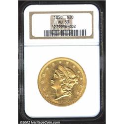 1850 $20 AU53 NGC. A lustrous and slightly prooflike representative of the first collectible issue o
