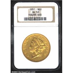 1851 $20 AU53 NGC. An olive-yellow example that has bright luster at the margins and a few unimporta